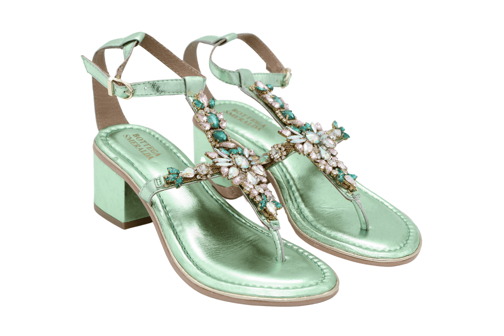 BOTTEGA Green Metallic embellished Block Heel Sandal