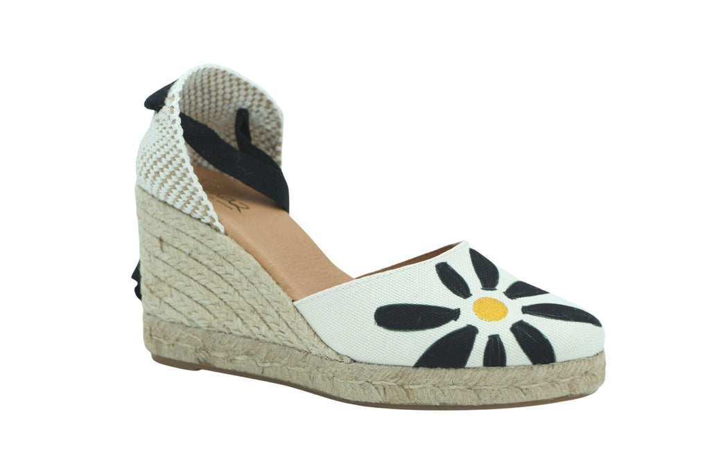PINAZ Ivory and Black Floral Print Wedge Espadrille