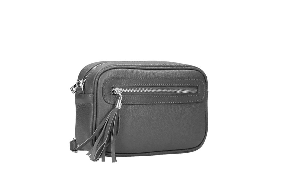 Fabucci- Grey -Leather -Crossbody- Bag -with- Zip
