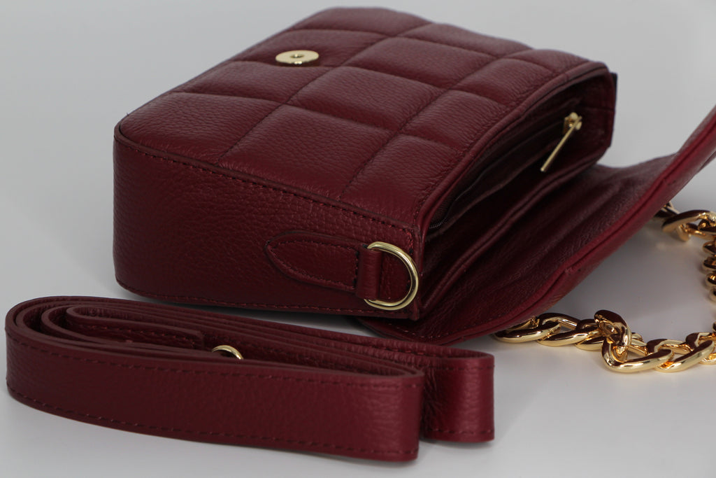 Fabucci Burgundy Quilted Leather Handbag with Strap MIMI