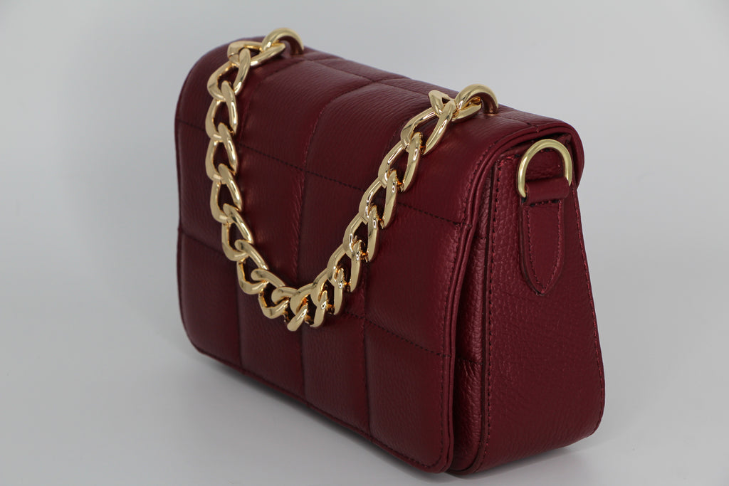 Fabucci Burgundy Quilted Leather Handbag with Strap MIMI