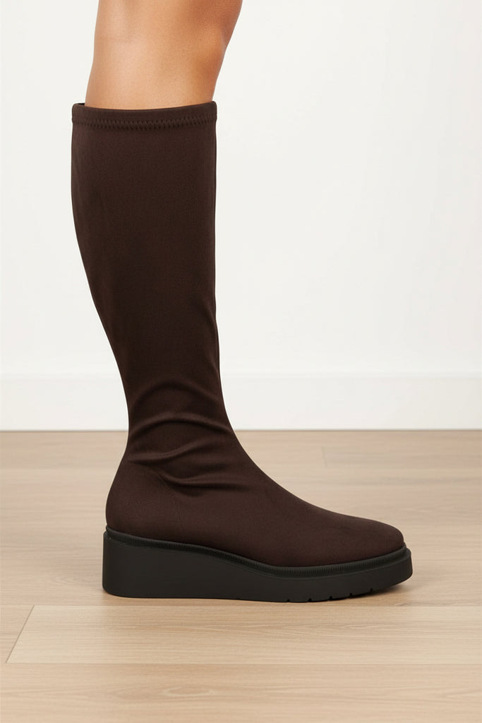 MISS- ELASTIC -Brown- Faux- Suede -Stretch- Low -Wedge -Knee -Boot