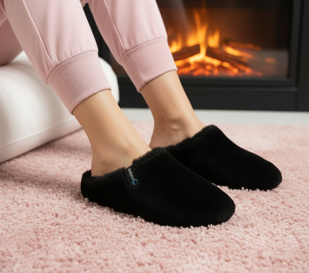 VERBENAS Black  Faux Fur  Ladies Slippers YORK