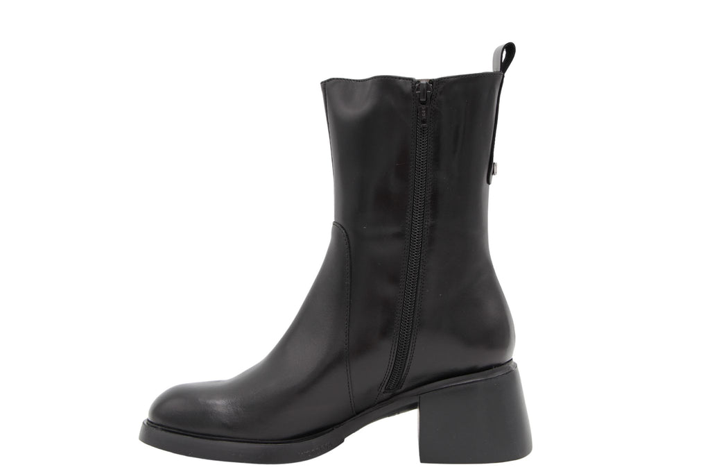 WONDERS- Black -Leather-Round -Toe- Block- Heel -Boot -G-6143