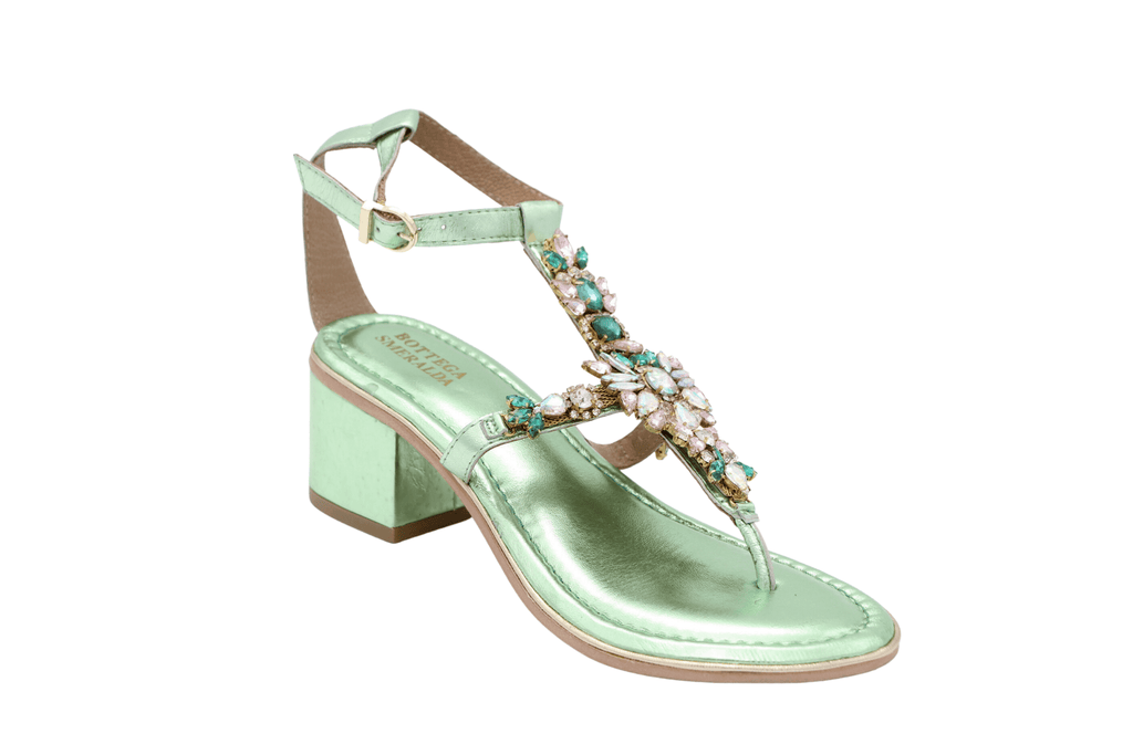 BOTTEGA Green Metallic embellished Block Heel Sandal