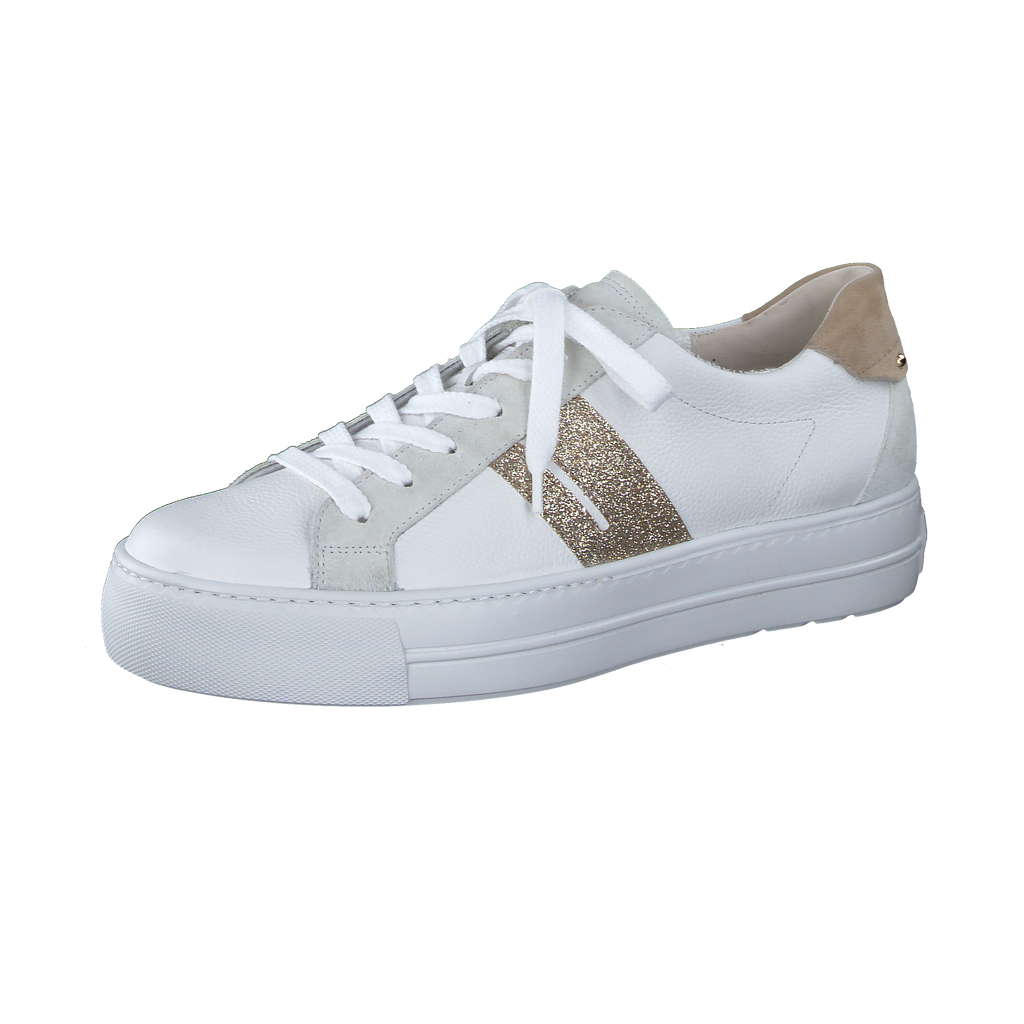 paul -green- white leather-lace-up trainer-gold stripe-5330