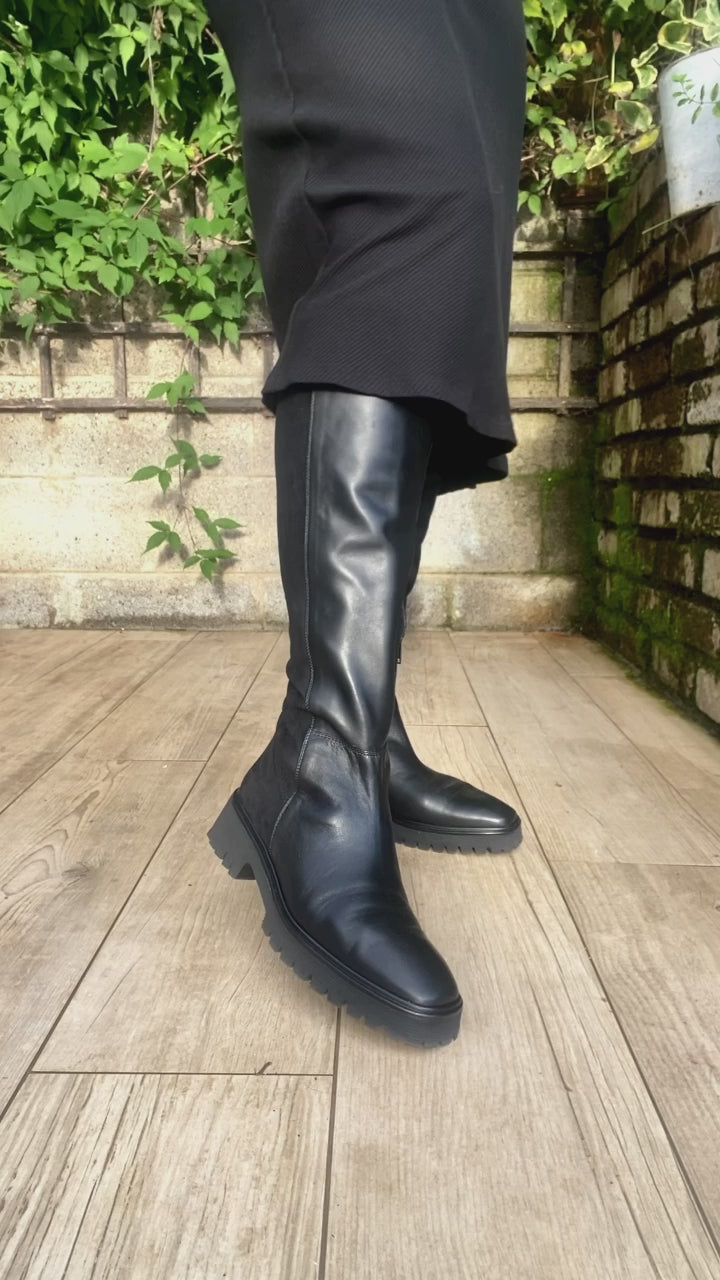 pedro-miralles-womens -black- leather-stretch-flat heel-knee-boot