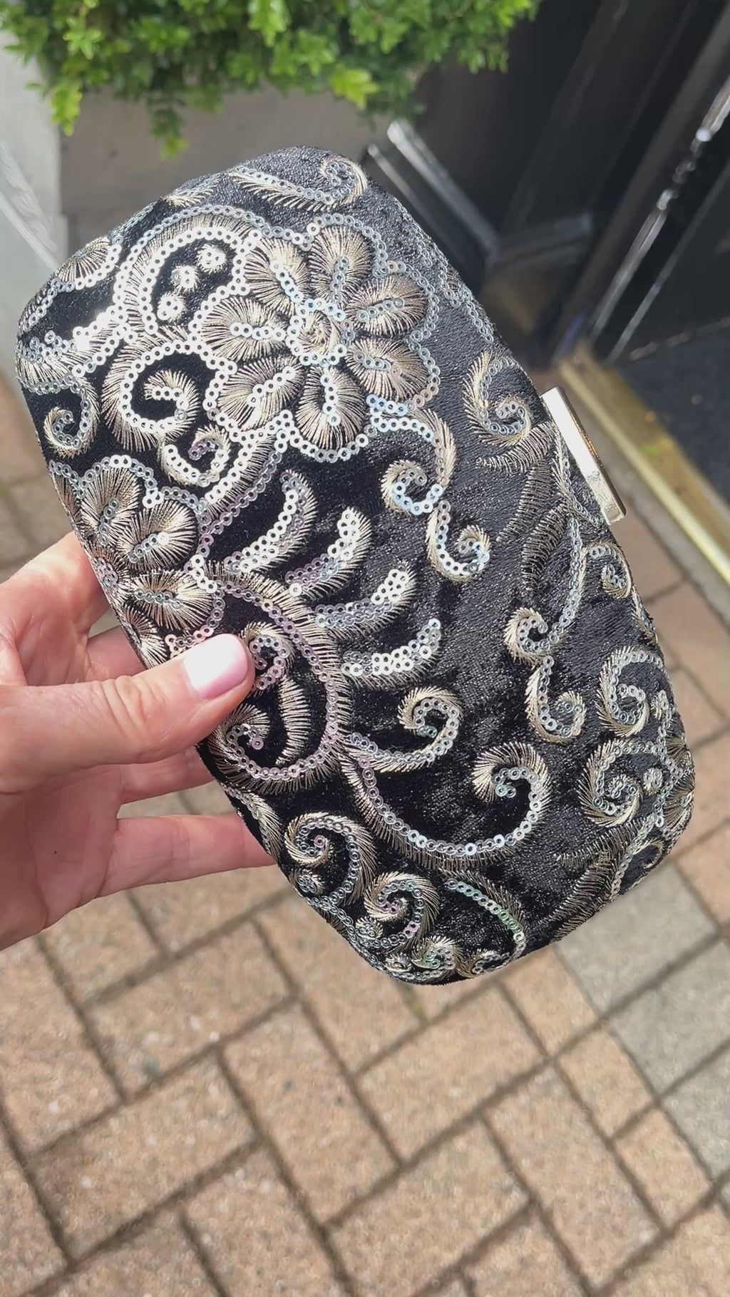 Fabucci Black Printed Velvet Box Clutch Bag