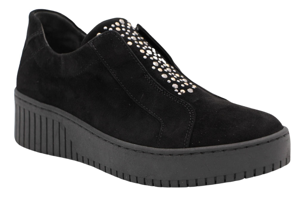 GABOR Black Suede Slip On trainer with Stud Detail 23137 - Fabucci Shoes