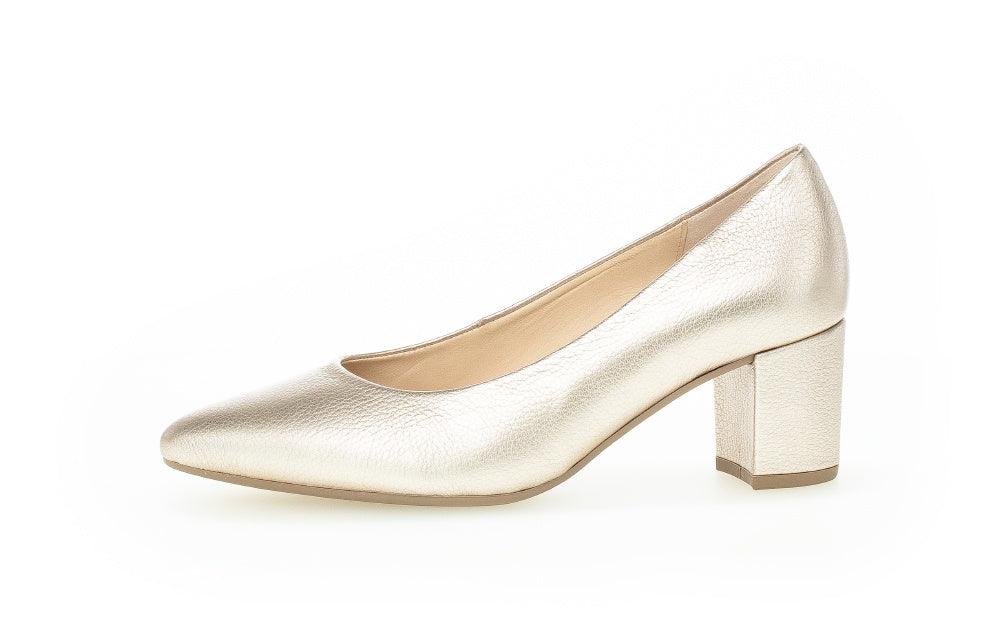 GABOR Gold Leather Block Heel Court Shoe - Fabucci Shoes