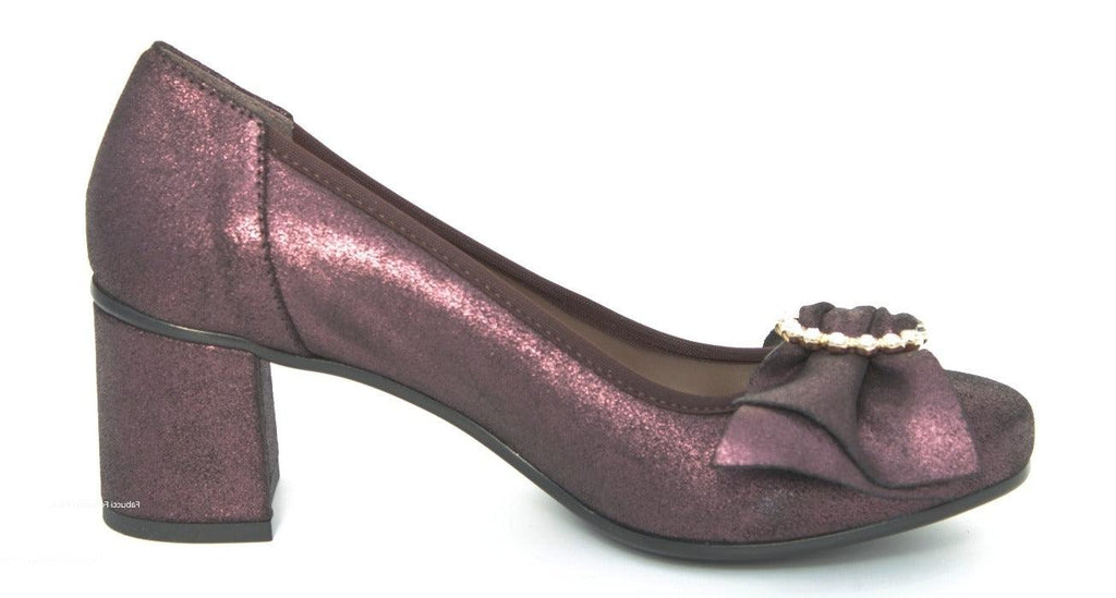 MARCO MOREO Burgundy  Leather Block Heel court shoe  with bow detail