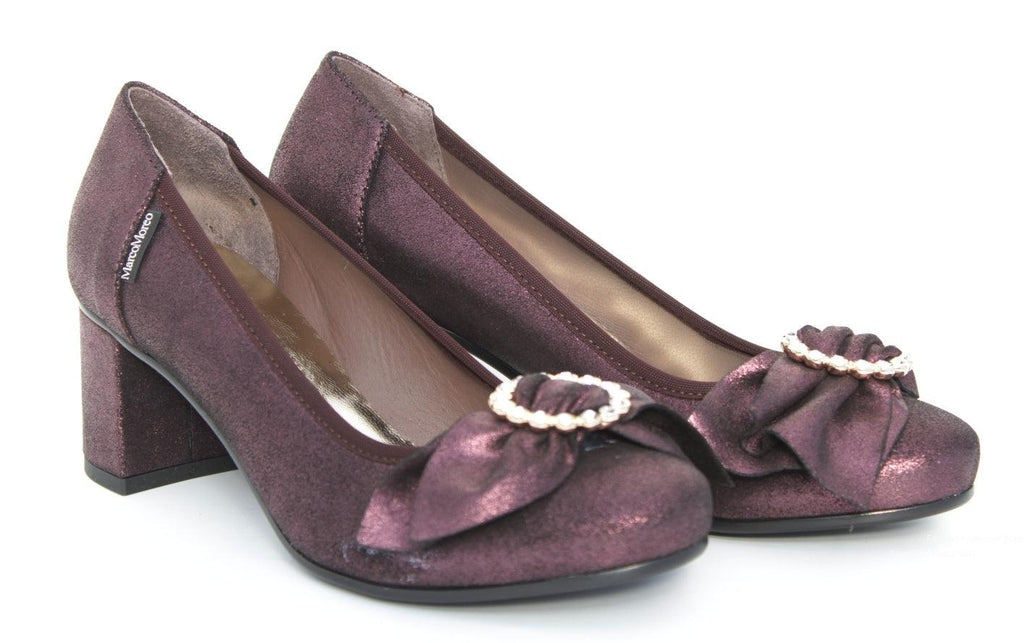 MARCO MOREO Burgundy Leather Block Heel court shoe with bow detail