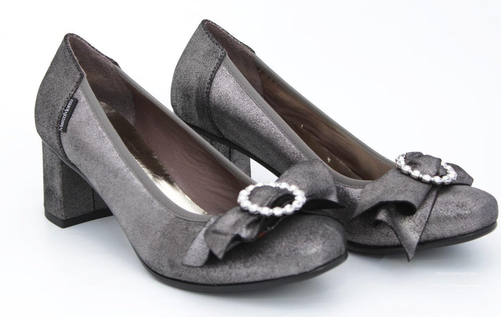 MARCO MOREO Pewter Leather Block Heel court shoe with bow detai