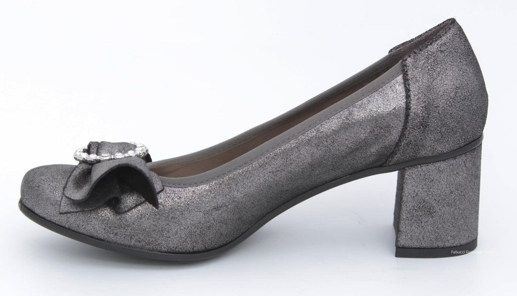 MARCO MOREO Pewter Leather Block Heel court shoe  with bow detail