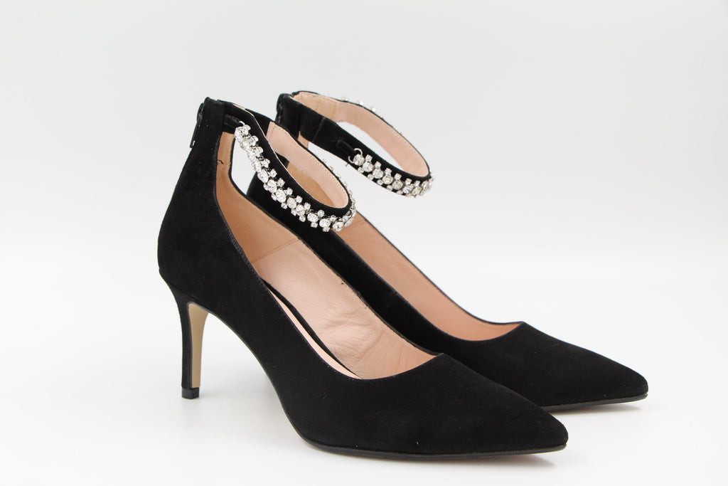 MARIAN Black Suede pointed toe mid heel court shoe with diamante cuff