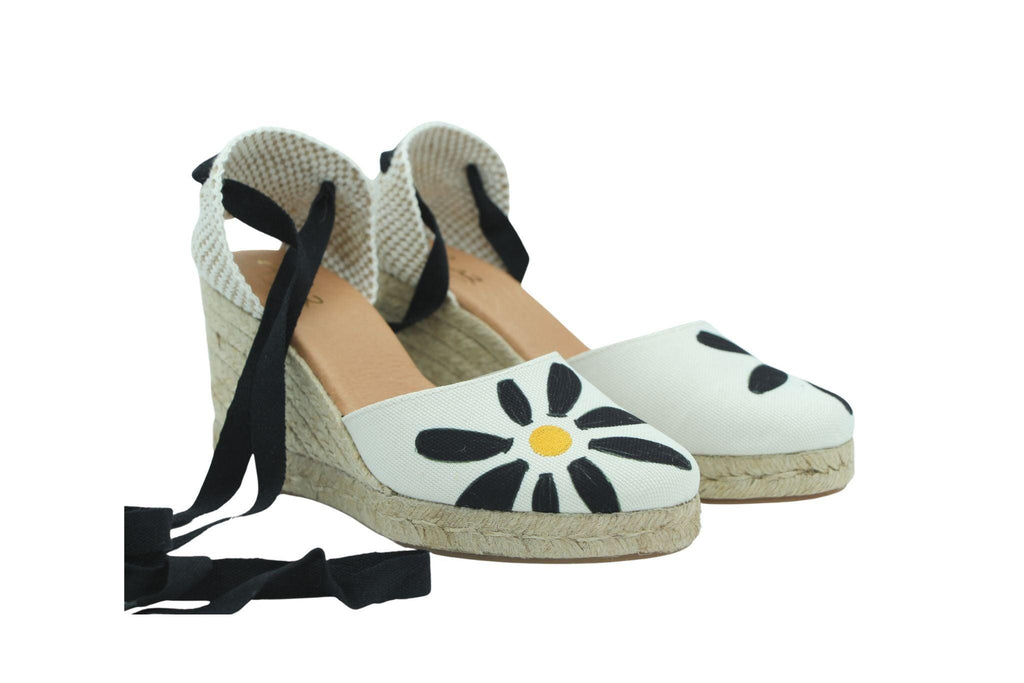 PINAZ Ivory and Black Floral Print Wedge Espadrille